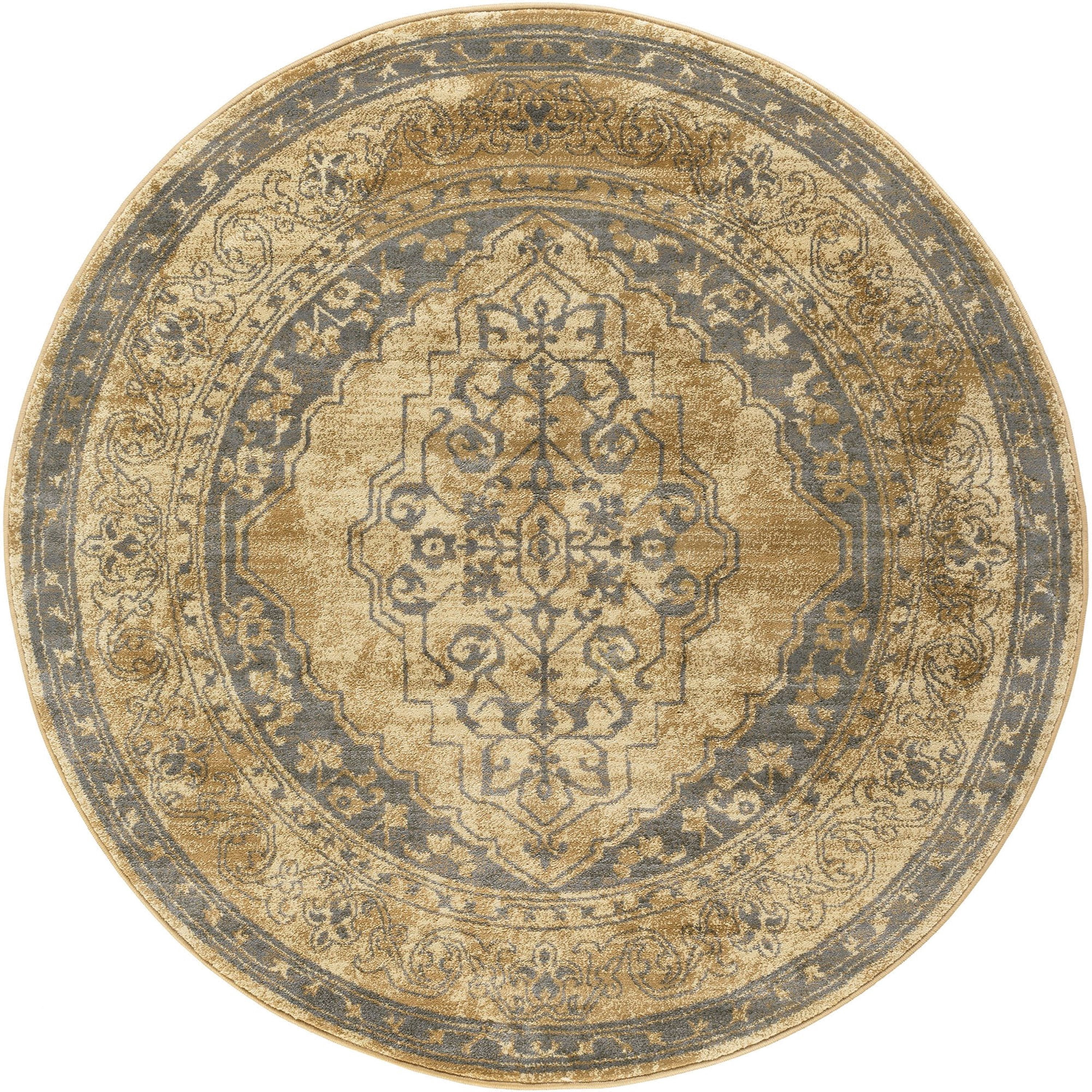 Sensation Transitional 5' Round Beige and Slate Blue Polypropylene Indoor Area Rug