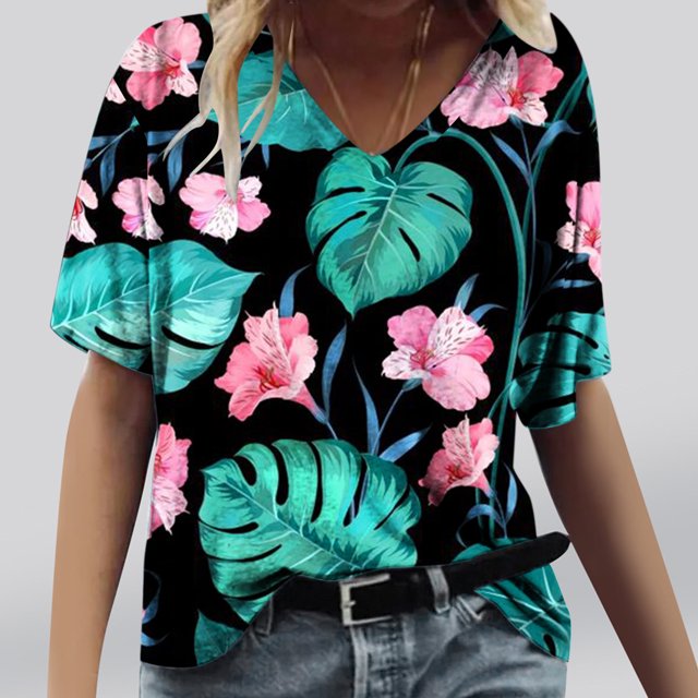 Fiudx Ofertas Relámpago Camisetas Holgadas de Manga Corta con Cuello En V Informales con Estampado de Moda para Mujer
