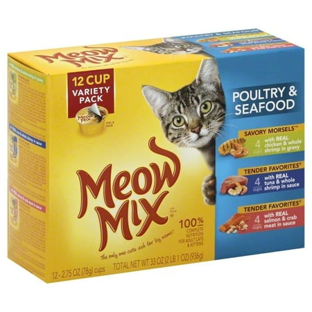 12 Pack Meow Mix Poultry And Seafood Wet Cat Food Variety Pack 275 Oz Cups - 