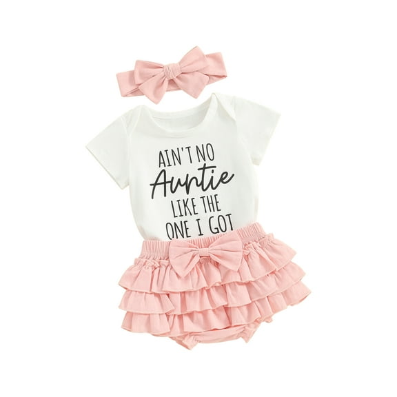 FEORJGP Infant Baby Girl Summer Set Newborn Short Sleeve Jumpsuit Letter Print Romper Crew Neck Bodysuit Elastic Waist Frill Trim Shorts Headband Toddler 3 Piece Cute Princess Sweet Outfits