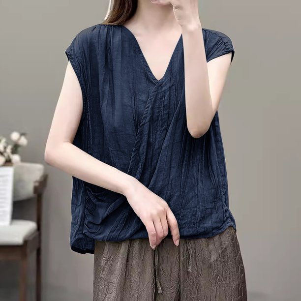 mfyjkho Camisetas Sin Mangas, Blusa De Manga Corta Con Cuello Redondo Y Color Liso Para Mujer, Moda Primavera/Verano Tops Bohemios Para Mujer Xl