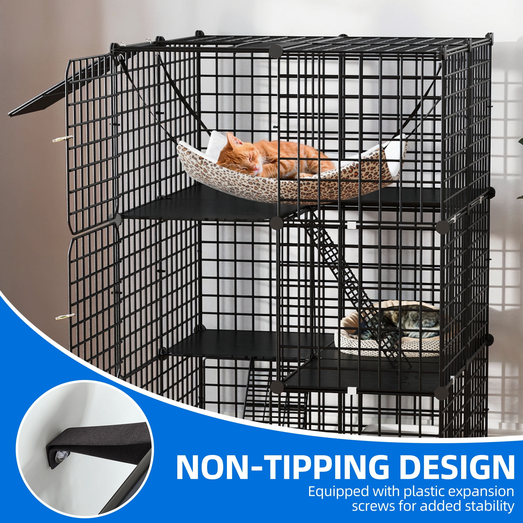 Uforic 41"Large 3 Tier Cat Cage, Indoor Cat Enclosures with Extra Large Hammock, DIY Cat Playpen Metal Kennel for 1-2 Cats,28"L x 28"W x 41"H,Black