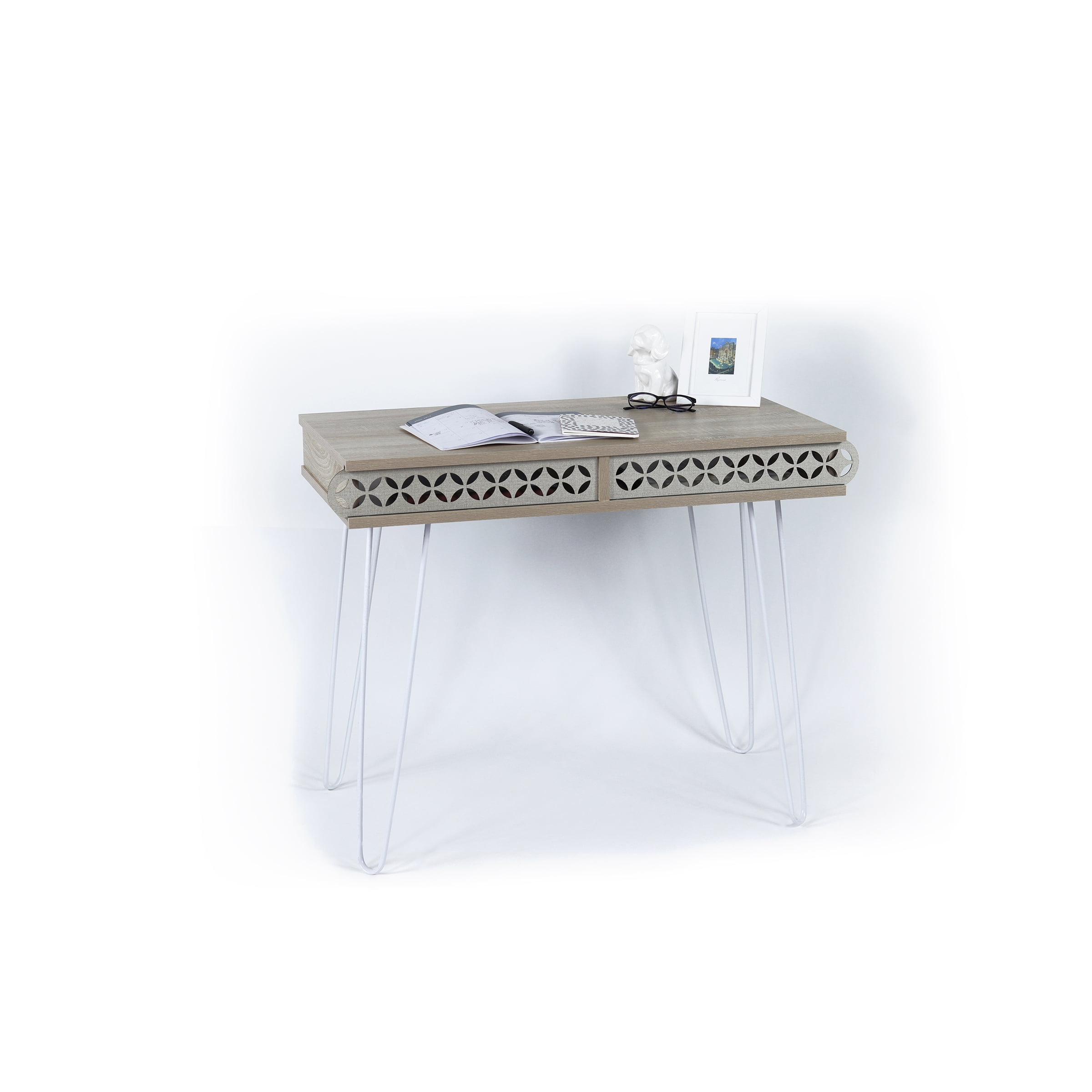 2-Tier Writing Desk Metal Frame Smooth Shelves Storage Shelf Oak Colour