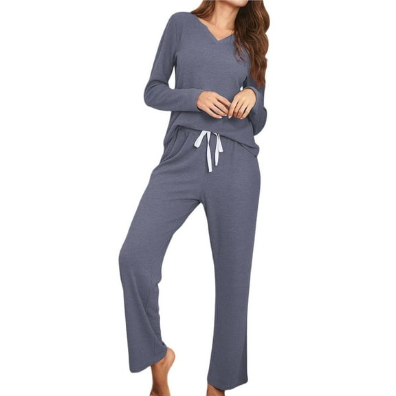 Women's Pajama Sets Waffle Knit 2 Piece Lounge Sets Sleepwear Loungewear Pjs Long Sleeve Pajamas Gray-Blue XL