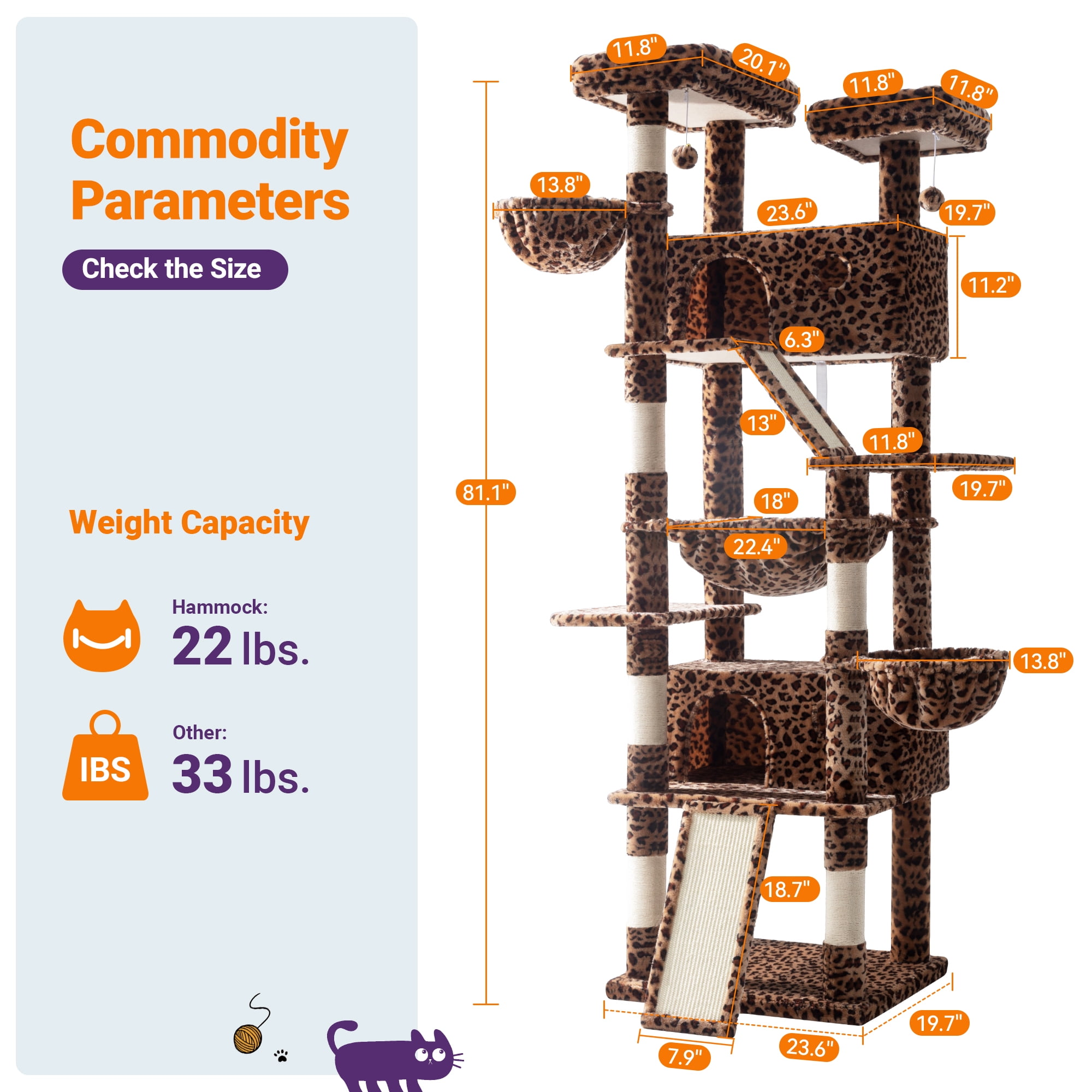 Allewie 81 Inches Multi-Level Tall Cat Tree for Large Cat, Cat Climbing Tree with Cat Condo and Hammock, Scratching Post, Wide Base, Leopard Print