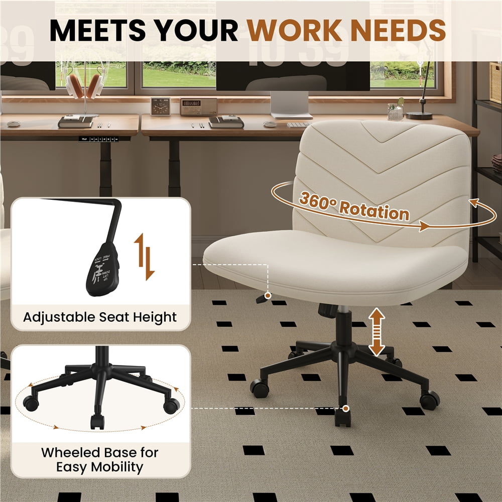 Yaheetech Fabric Rolling Armless Home Office Chair with Extra Wide Seat, Beige
