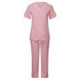 thumbnail image 2 of BiZtdJrK Scrub 2 Piece Outfits for Women Short Sleeve V Neck Scrubs Tops and Pants Sets Stretch Nursing Uniform with Pockets Birthday Gift Pink L, 2 of 8