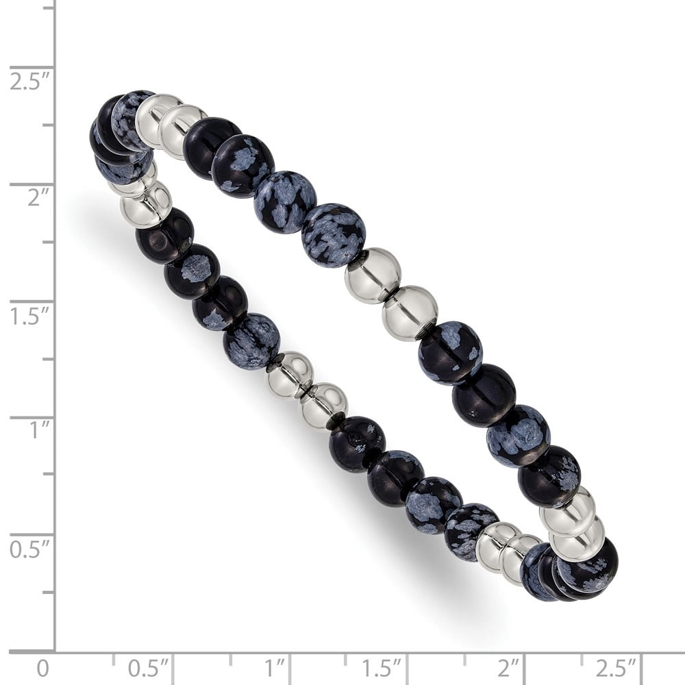 Diamond2Deal Stainless Steel Polished 6.5mm Black and Grey Synthetic Agate Stretch Bracelet for Men 8"