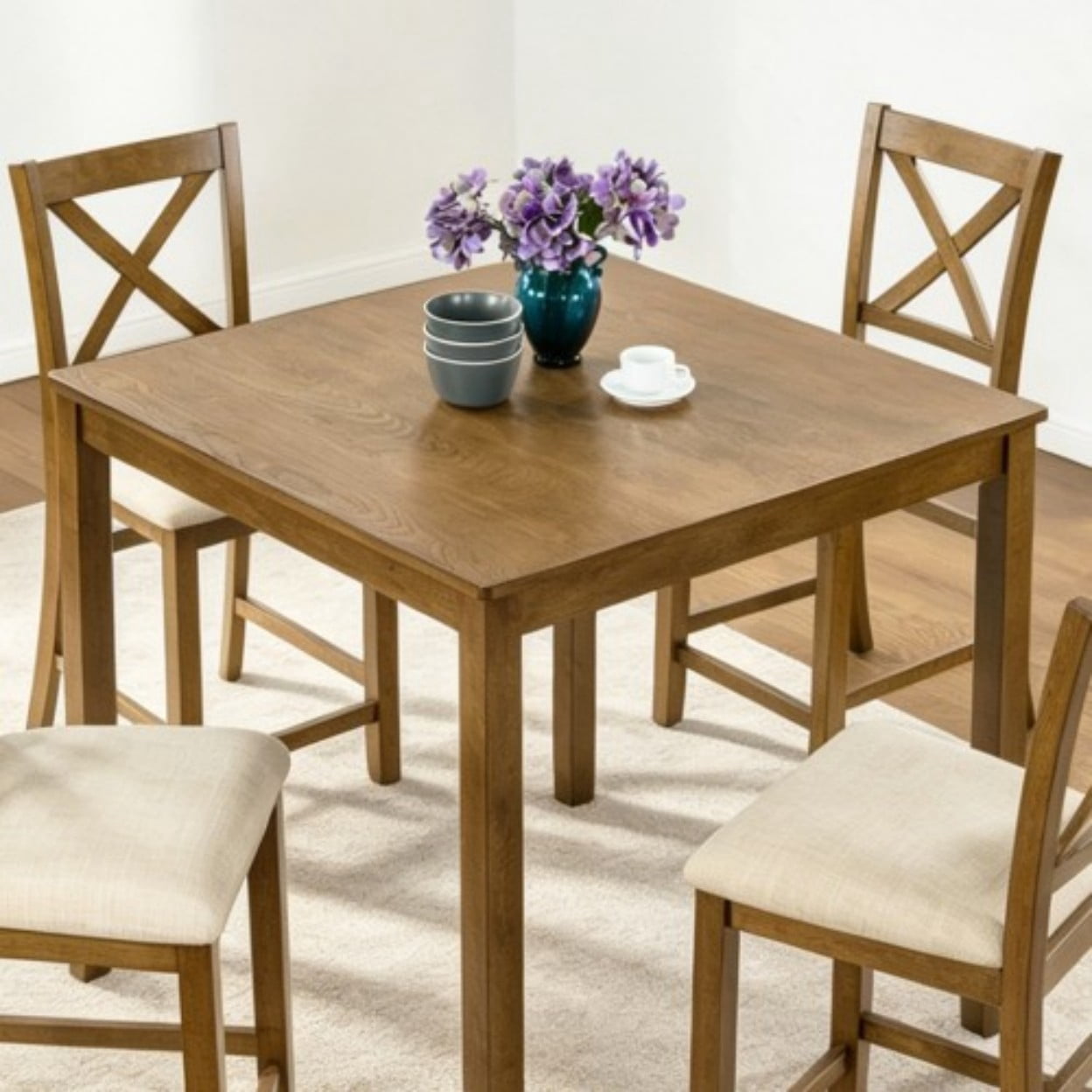 34.5" Counter Height Square Dining Table for 4, Modern Farmhouse Bar Height Kitchen Table with Solid Wood Legs, MDF & Birch Veneer Pub Table for Small Spaces, Oak