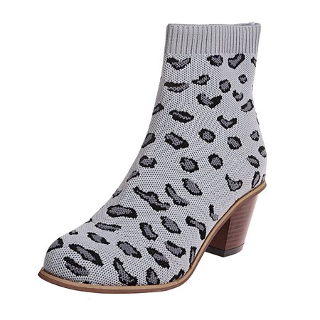 

Women Walking Shoes Ladies Fashion Sexy Leopard Print Breathable Knitted Elastic Boots Chunky High Heel Booties Ankle Boots for Women Knit Grey