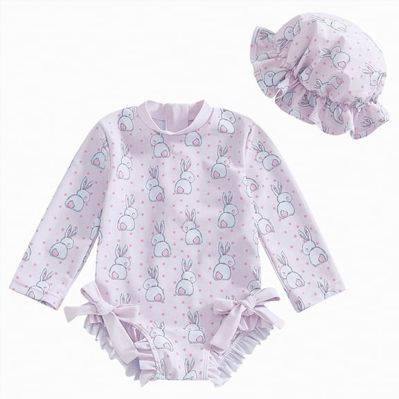 Kogui Baby Swimsuit Girl Baby Girls Swimsuit Long Sleeve Zipper Bathing Suit One Piece Swimwear with Hat 12 18 Months (Light Purple,12-18 Months)