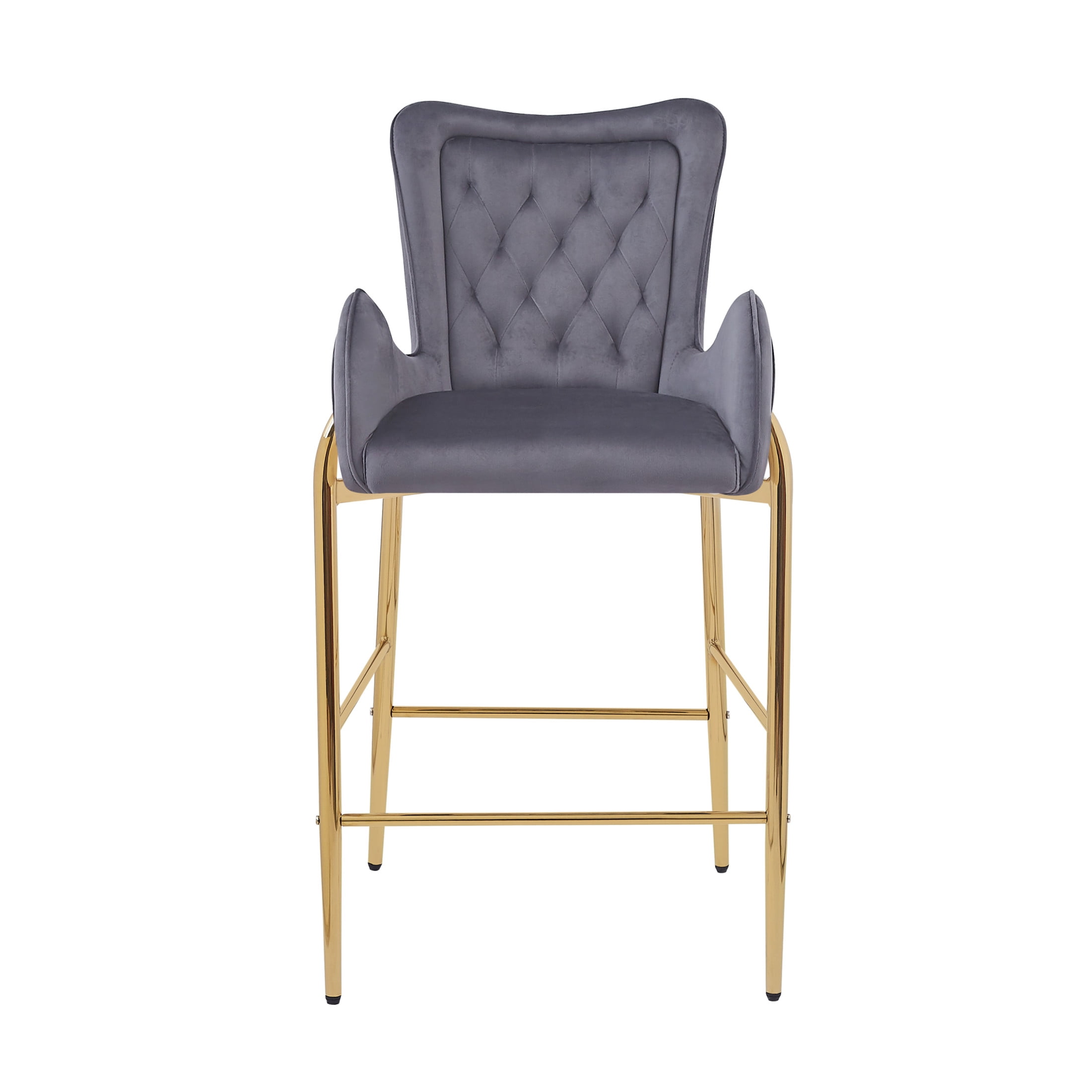 Velvet Counter Height Bar Stools with Golden Metal Frame & Tufted Back, Gray, Set of 2