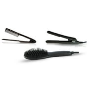The Neo Choice 3 pcs Complete Styling Set - Ionic Heated Brush Straightener, Ceramic Flat Iron and Easy Hair Comb Full Set (Black)