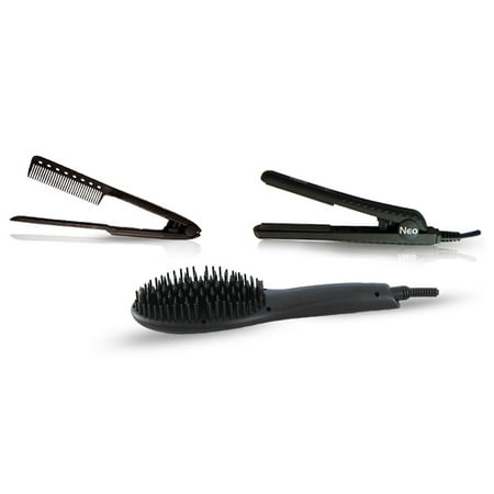 The Neo Choice 3 pcs Complete Styling Set - Ionic Heated Brush Straightener, Ceramic Flat Iron and Easy Hair Comb Full Set (Black)