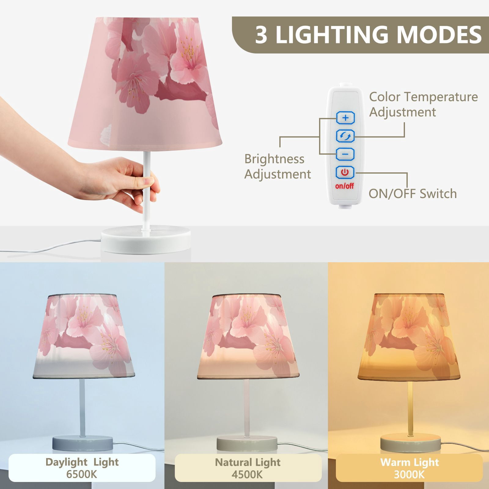Pink Cherry Blossom LED Desk Lamp Table Lamp USB Bedside Nightstand Small Lamp for Bedroom Living Room Kids Room