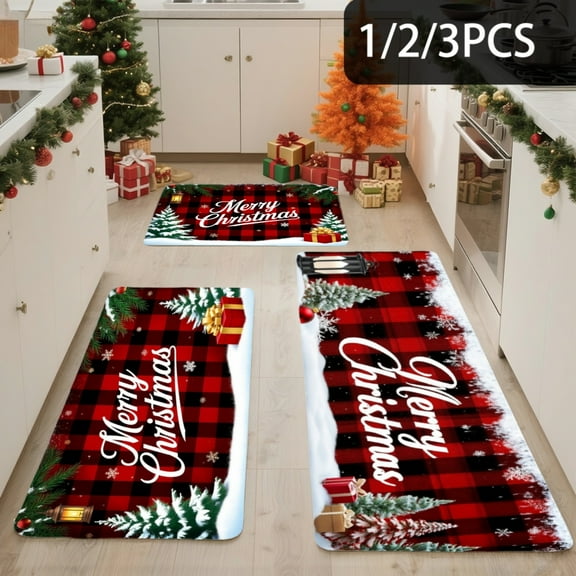 3PCS Kitchen Mat set, Welcome Door Flannel Rug,Home Decor for Front Door,Kitchen, Bathroom, Red Plaid Christmas Tree Snowflake Gift Pattern ,Great Thanksgiving Day
