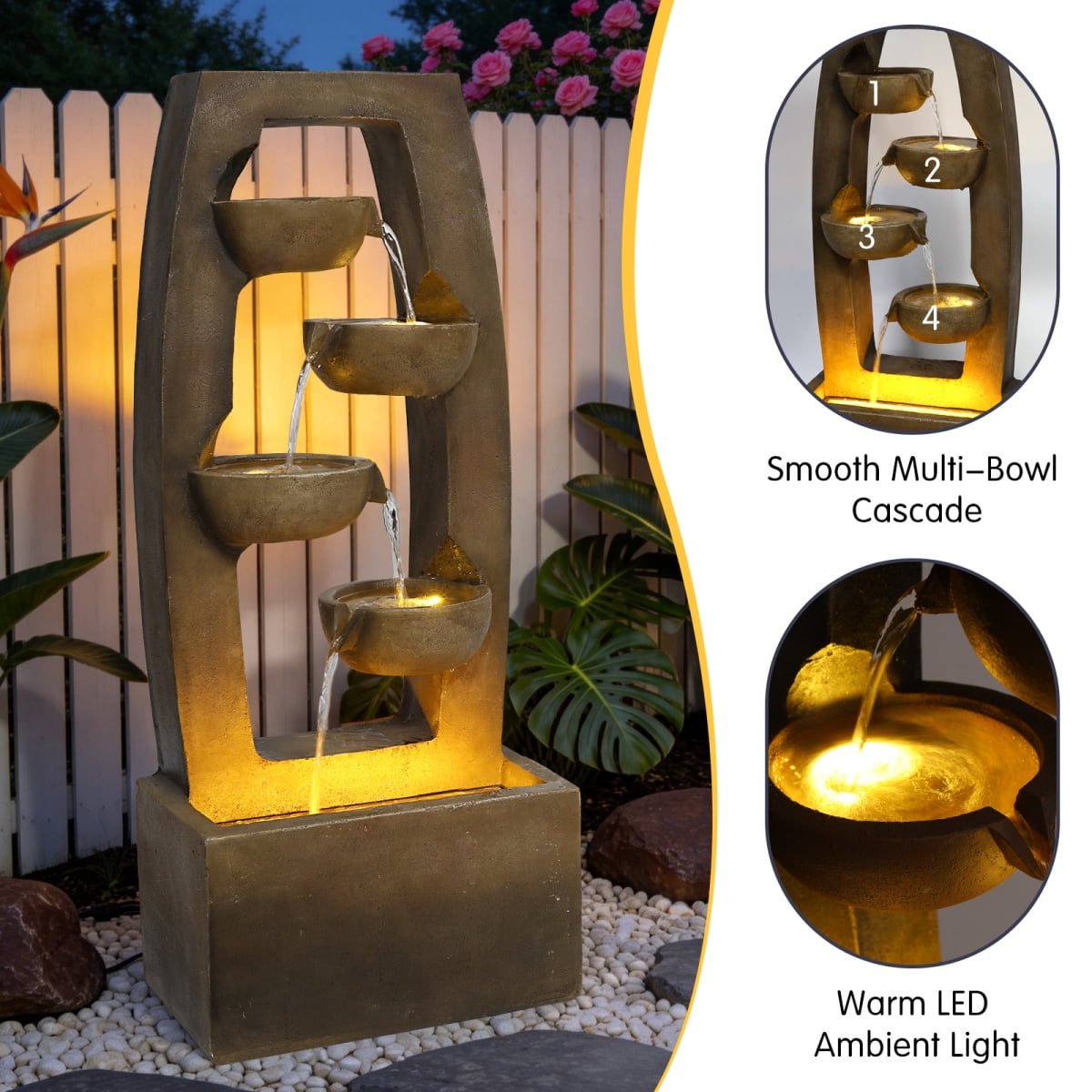 37.6" 4-Tier Modern Cascading Water Fountain with Warm LED Lights, Outdoor Floor-Standing Waterfall Fountain for Patio, Garden & Backyard Decor