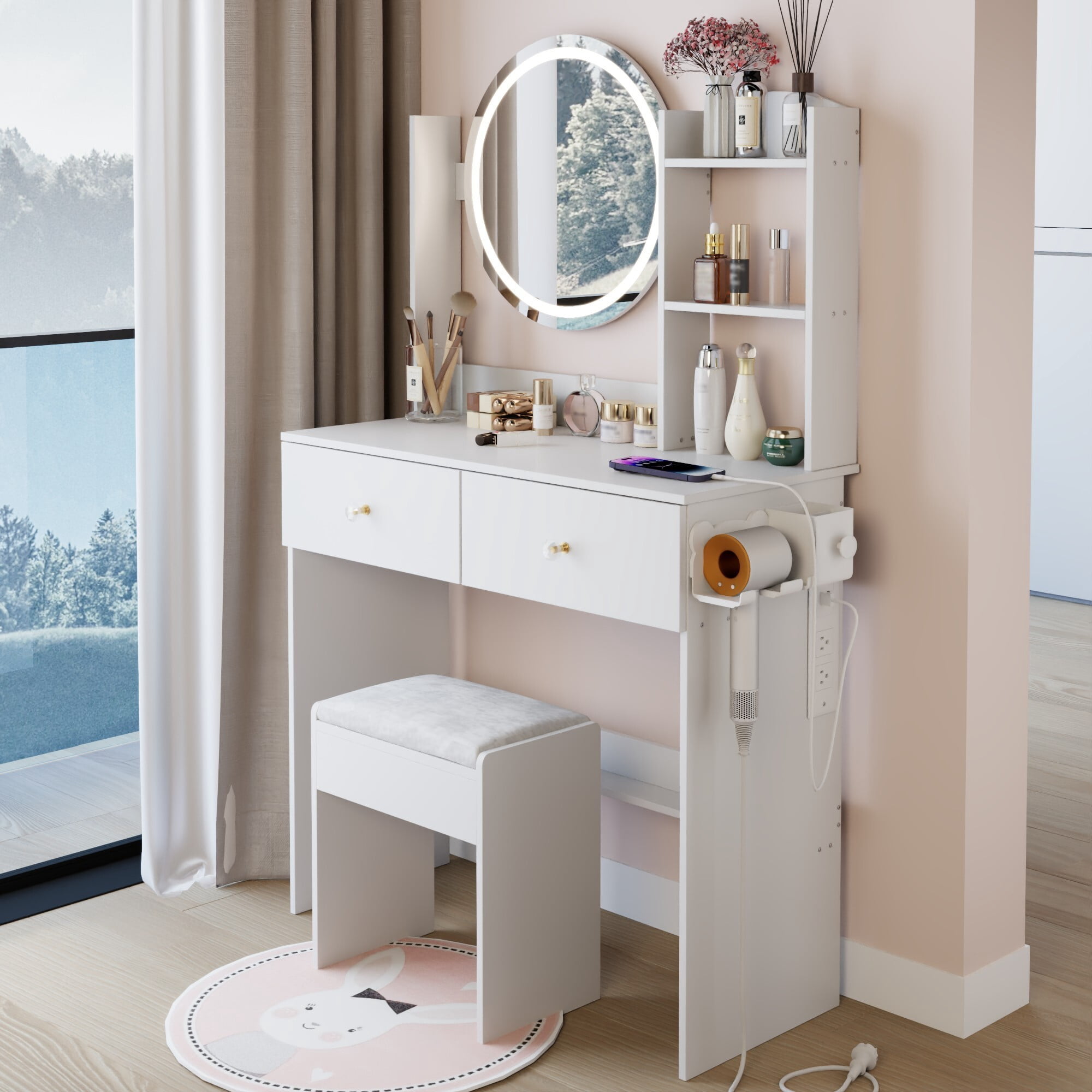 AENKYO LED Vanity Table Set with Lighted Mirror, Charging Station, 2 Drawers, Shelves & Upholstered Stool, White