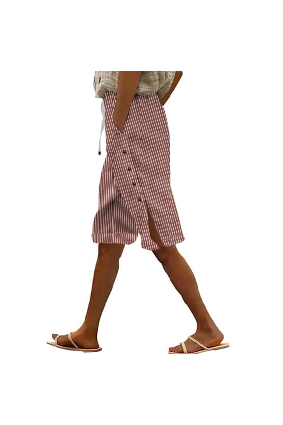 Women's Casual Summer Bermuda Shorts Pinstripe Side Split Button Knee Length Long Shorts with Pockets