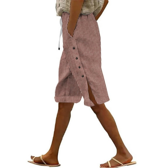 Lenpel Bermuda Shorts for Women Striped High Waisted Drawstring Side Button Split Cotton Linen Shorts Casual Knee Length Shorts