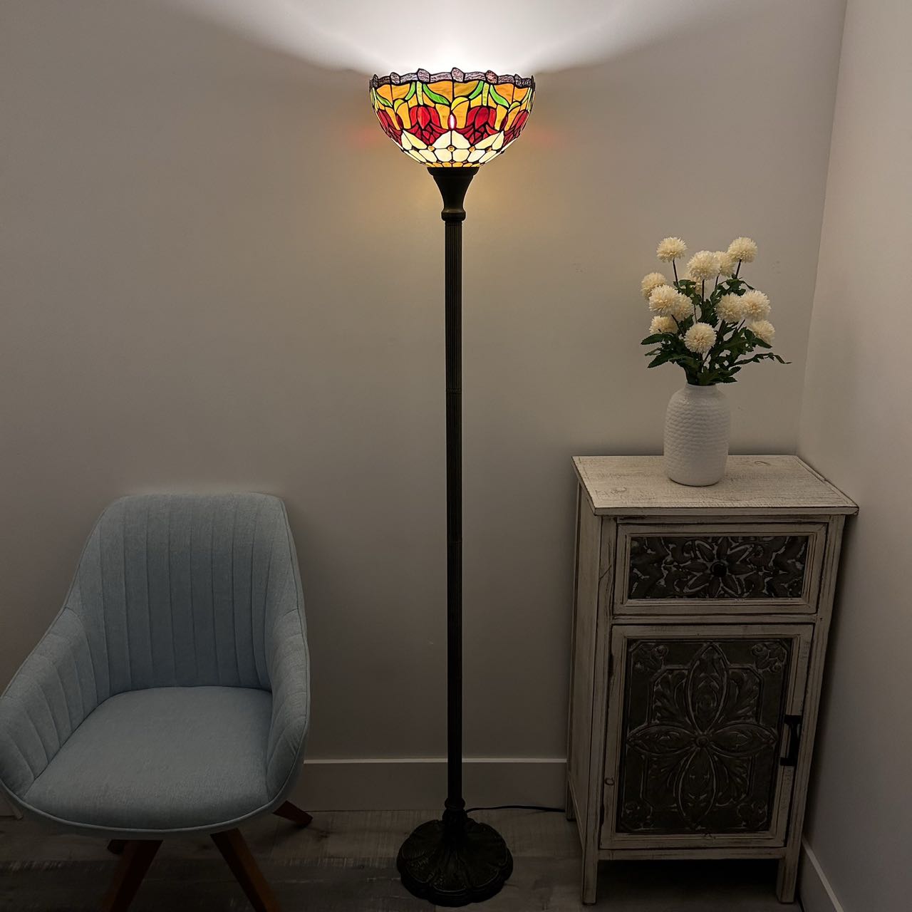 Tiffany Torch Floor Lamp Stained Glass Red Tulips LED Bulb Included 12"W*12"D*66"H