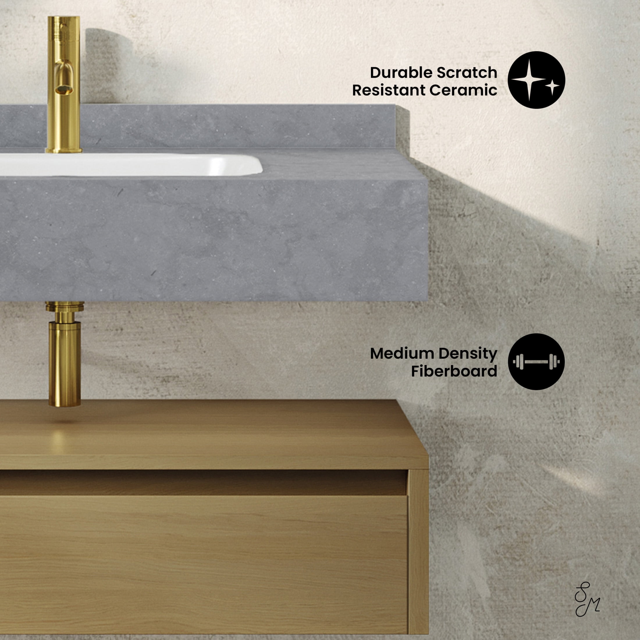 Avancer 36" Wall-Mounted Bathroom Vanity in Natural Oak with Charcoal Gray Sink Top
