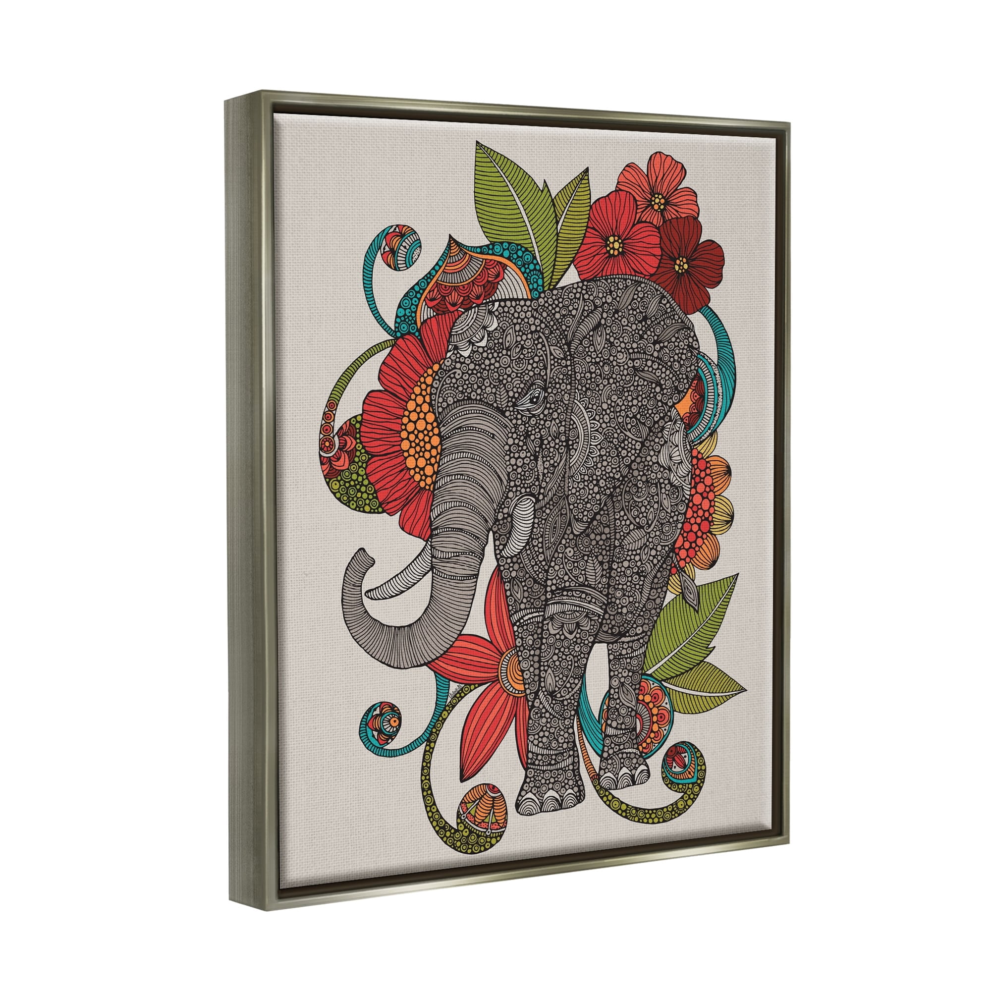 Stupell Industries Wild Elephant Surrounded Elaborate Flower Mandala Patterns Graphic Art Luster Gray Floating Framed Canvas Print Wall Art, Design by Valentina Harper