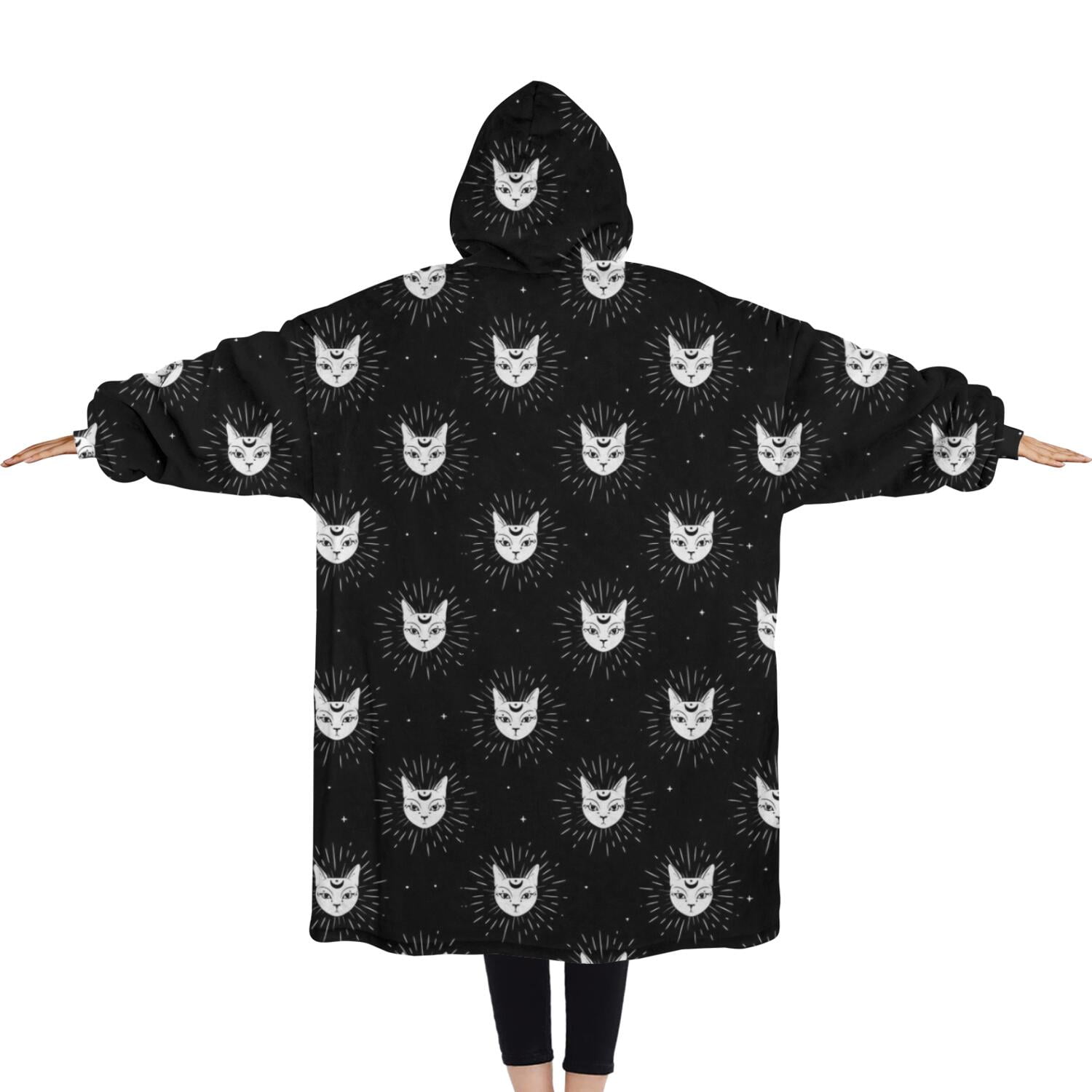 Oversized Wearable Blanket Hoodie,Black Cat Head Pattern Sherpa Blanket Hoodie with Super Pockets,Super Warm Fuzzy Pullover for Women & Men