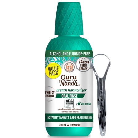 GuruNanda Oral Rinse - Alcohol-Free Mouthwash - Fresh Mint with 7 Essential Oils, Vitamins E,D & K2 - 33.8 oz