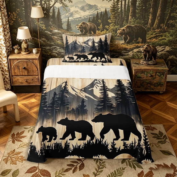 Castle Fairy Rustic Woodland Bear Twin Sheets 3pcs,Vintage Junle Wildlife Bedding,Tan Black Cream,1 Fitted Sheet, 1 Flat Sheet and 1 Pillowcase