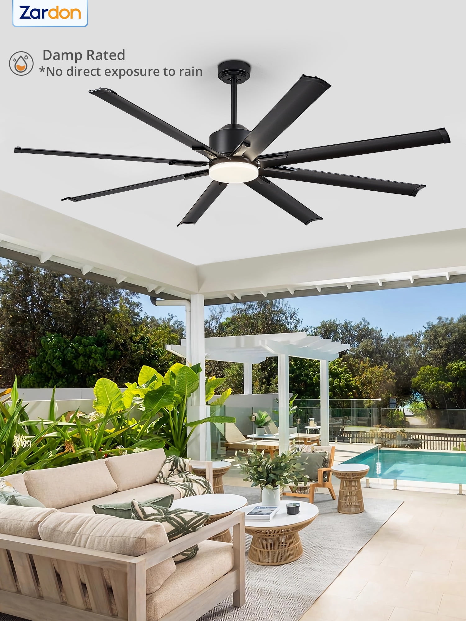 Zardon 72 in Large Ceiling Fans with Light and Remote, Modern Ceiling Fan with 6 Speed Reversible for Indoor, Outdoor, Black