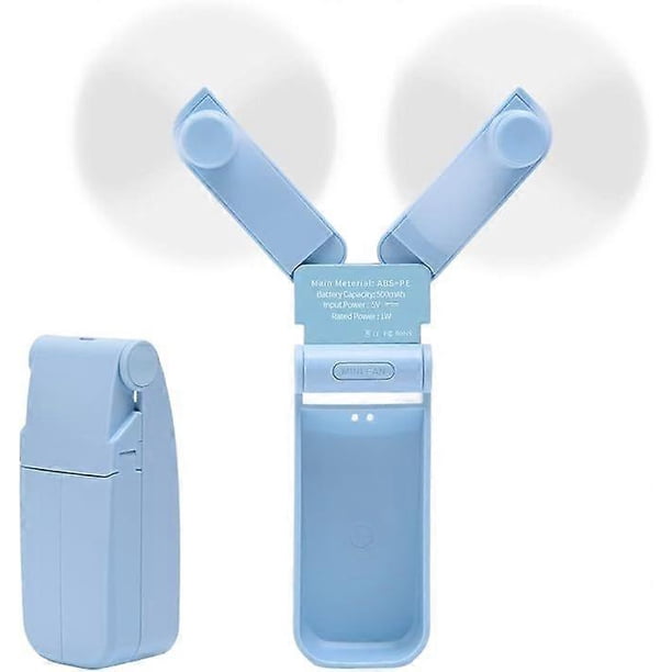 Portable Handheld Fan, Personal Mini Pocket Fan USB Rechargeable Hand Fans for Woman Girls Outdoor Travel, Dual Head with 2 Speeds Strong Wind (Blue)
