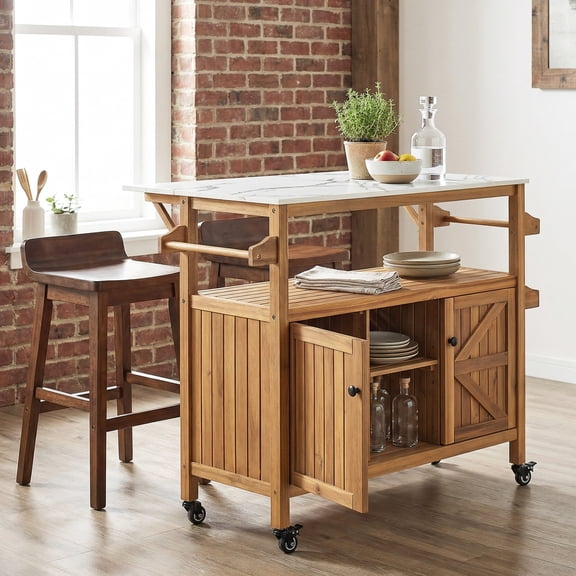 Christopher Knight Home Outdoor Patio Acacia Wood Bar Cart with Storage Cabinets, Natural Finish