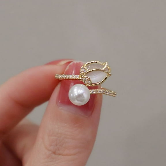 Gold Tulip Ring for Women Dainty Cubic Zircon Pearl Tulips Stackable Adjustable Size Ring Stacking Fashion Jewelry