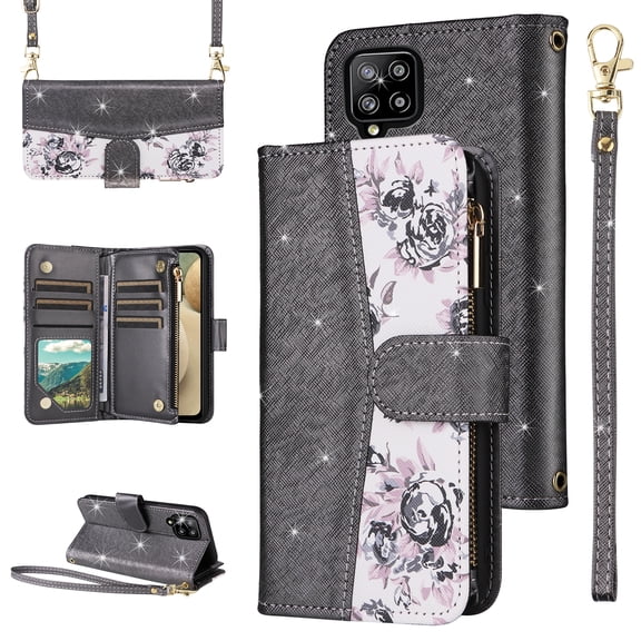 Furiet for Samsung Galaxy A42 5G Floral Wallet Case with Flip Zipper Purse Wrist Strap Shoulder Strap Luxury Glitter PU Leather Card Holder Stand Cell Phone Cover for A 42 G5 42A S42 4G 2021 Black