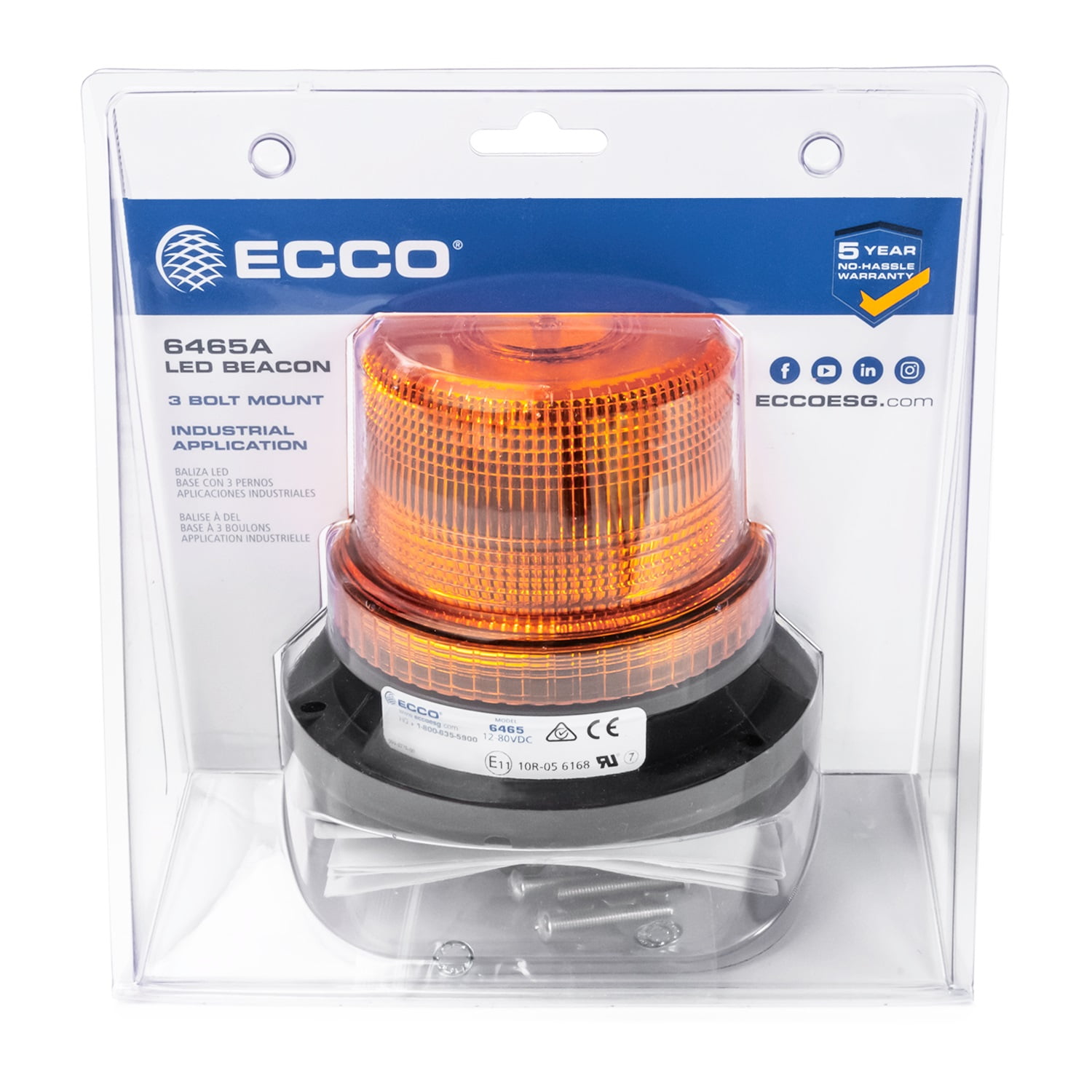 Ecco Warning Lights 6465A-CS 12-80 VDC 360 deg SAE III 3-Bolt LED Beacon, Amber - Walmart.com