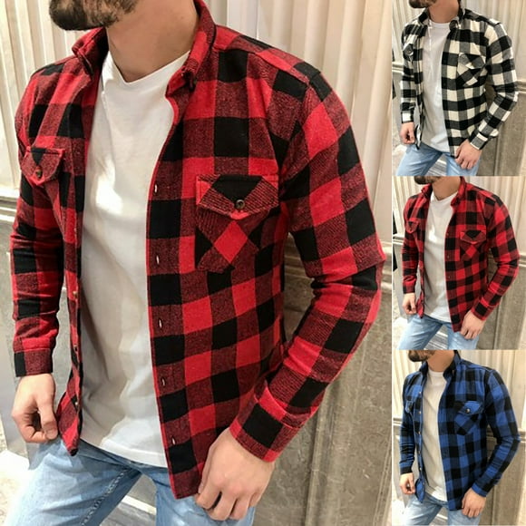 DDAPJ pyju Mens Flannel Plaid Jacket Long Sleeve Casual Button Down Shirt Jackets Checkered Work Shirts with Pockets Flash Sale Today Red XXXL