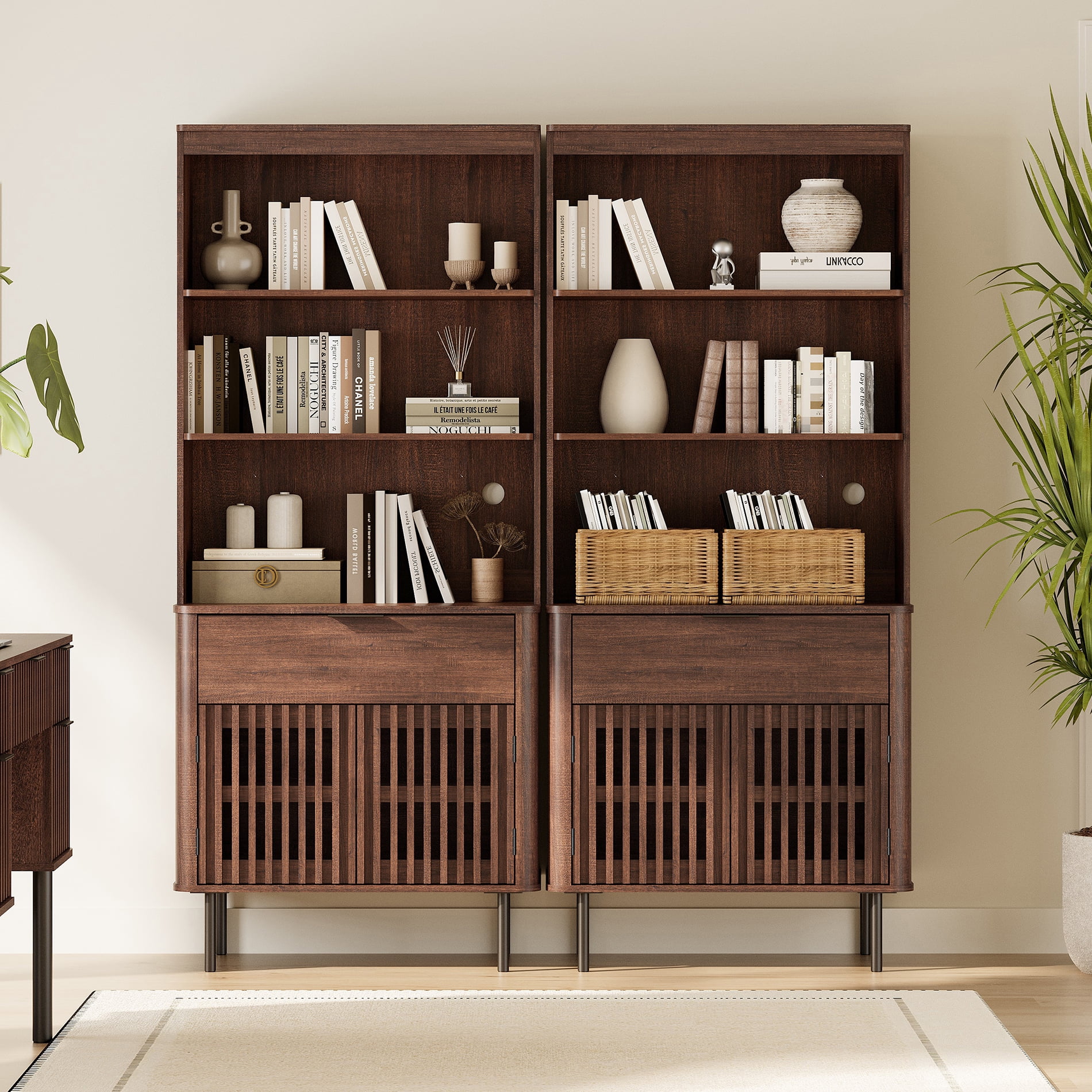 72.8 Inch Tall Bookshelf with Storage Cabinet, 3 Tier Bookcase with Drawer & Adjustable Shelf, Walnut