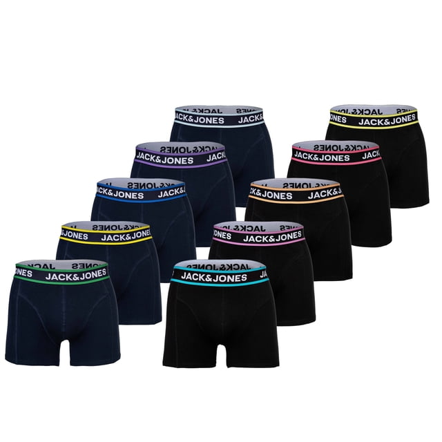 JACK&JONES Calzoncillos bóxer para hombre, lote de 10 - JACLIMES SOLID TRUNKS 10 PACK, algodón elástico, logotipo Negro/Azul M (Medium)