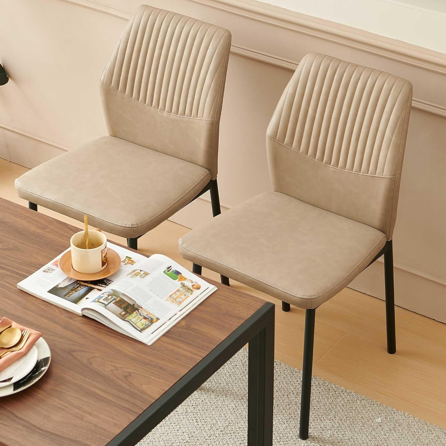 NORDICANA Dining Chairs Set of 4,Modern Leather Home Kitchen Chairs Upholstered for Dining Room, Apartment,Beige