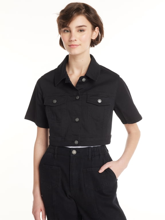Womens Destructed Denim Trucker Jacket with Short Sleeves, Sizes XS-3XL