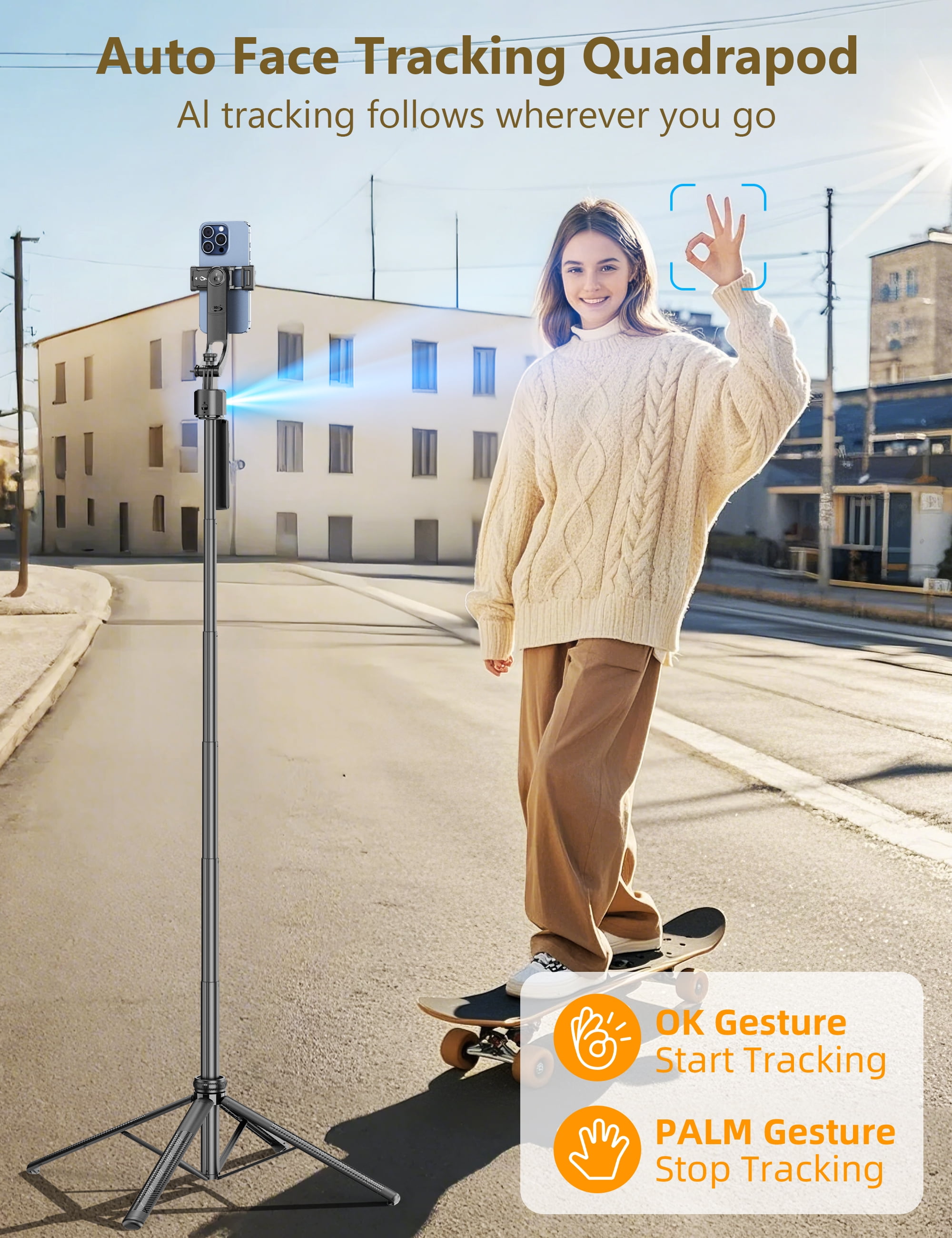 SelfieShow 64'' Auto Face Tracking Tripod 360 Rotation with Stand,Handheld Stabilization, Aluminum Selfie Stick Phone Tripod with Remote & Phone Holder Compatible with iPhone, Android, Camera, GoPro