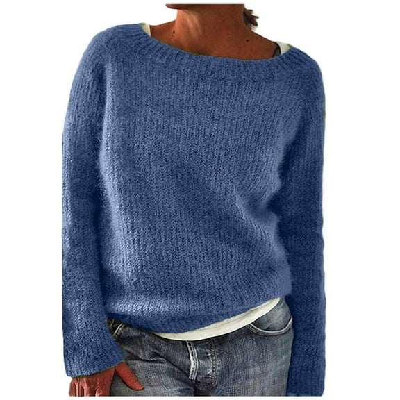 Lovskoo 2024 Sweaters for Women Long Sleeve Trendy Knit Coat Top Round Collar Loose Pullover Tops Light Blue