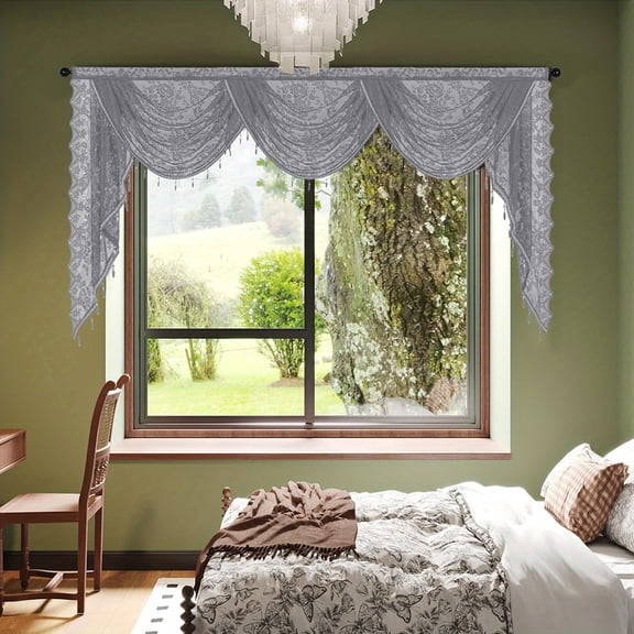 XmhyTop-A Grey Window Valance 250x105cm, 1 Piece Bead Tassels Floral Semi Sheer Rod Pocket Valance Curtains, Decorative Lace Valance for Home