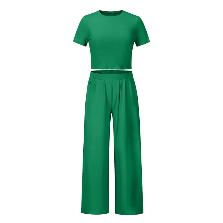 Sets for Women 2023 Summer 2 Piece Sexy Outfits Slim Fit Short Sleeve Crop  Top High Waist Wide Leg Palazzo Pants 