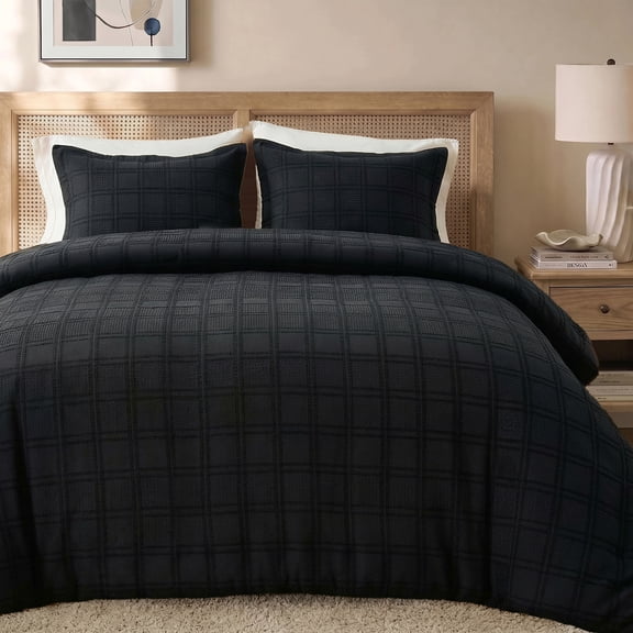 Regency Heights Waffle Weave Duvet Cover Set Full/Queen Size, Breathable Duvet Cover Set for All Season, 3-Piece Textured Bedding Set with Pillow Shams, Black