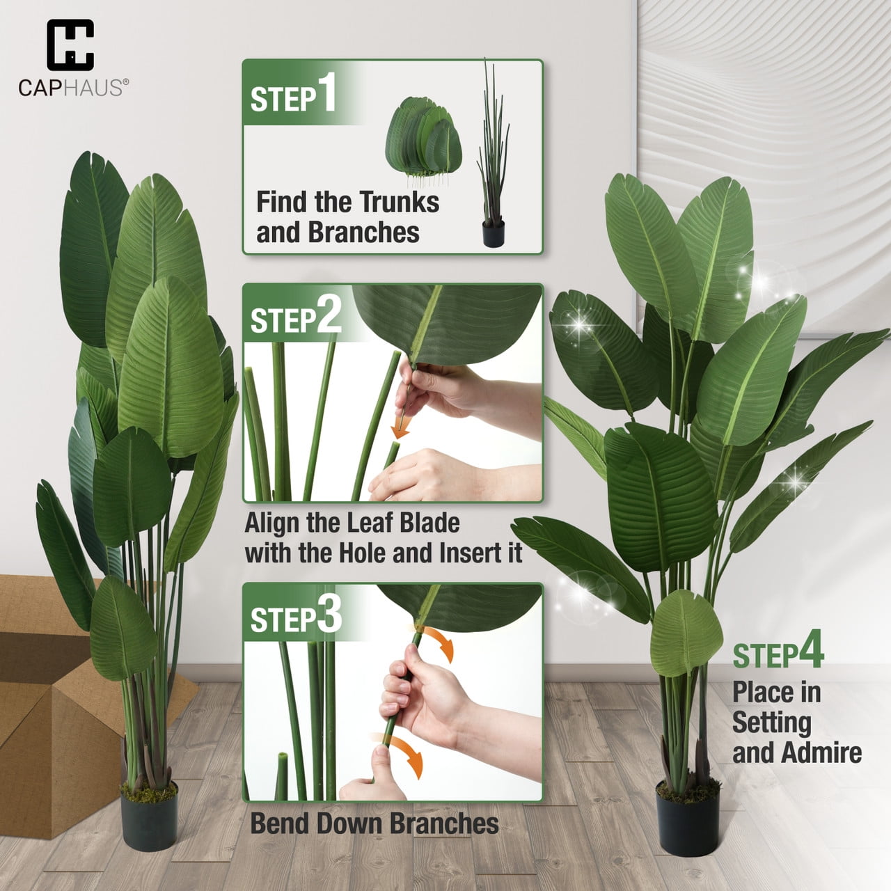 CAPHAUS Artificial Bird of Paradise, Fake Palm Tree Potted Plant, Faux Banana Leaf Tree Plant in Pot with Dried Moss for Office, Indoor, Outdoor, 4 Feet, 48 Inch with 8 Trunks