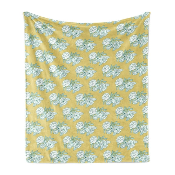 Floral Soft Flannel Fleece Throw Blanket, Graphic Images of Flower Bouquets with Striped Leaves, Cozy Plush for Indoor and Outdoor Use, 50" x 60", Yellow Blue, by Ambesonne