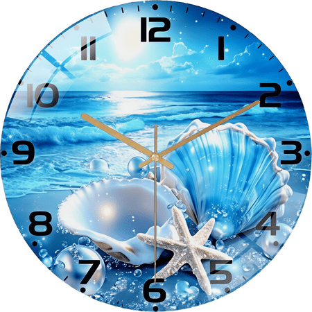 23.6 Inch Shining Seaside Shells Glass Round Silent Hanging Wall Clock,Suitable For Living Room,Office,Study Room,Bedroom,Home Decoration(Battery Not Included), 60cm