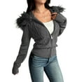 thumbnail image 3 of Women'S Zip Up Cardigan Sweater Cable Faux Fur Hoodies Long Sleeve Jacket Knit Outfits Y2K Grey S, 3 of 9